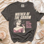 "Mother of the Groom" t-shirt with vintage woman illustration holding champagne.