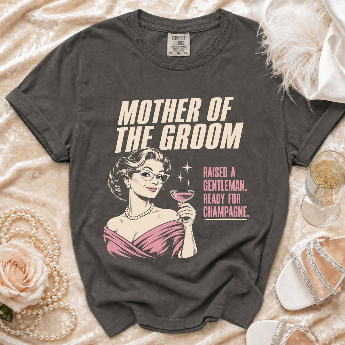"Mother of the Groom" t-shirt with vintage woman illustration holding champagne.