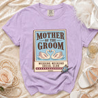 Lavender t-shirt with "Mother of the Groom Wedding Weekend Social Club" graphic and swans.