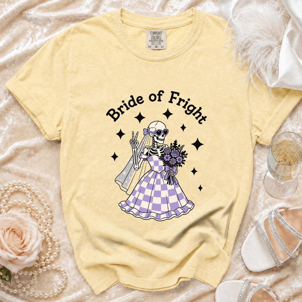 Yellow t-shirt with a skeleton bride graphic and "Bride of Fright" text.