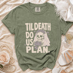 Green t-shirt with skull bride graphic and "Til Death Do Us Plan." text.