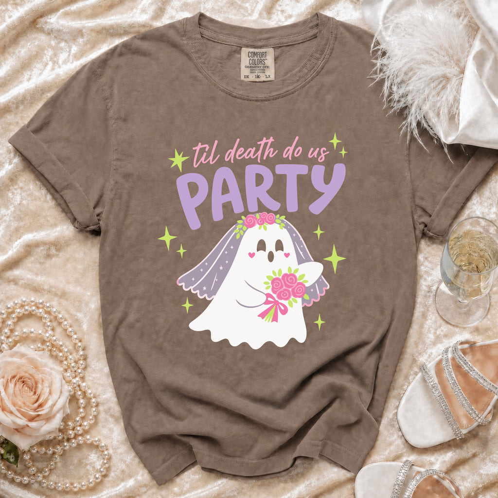 T-shirt with ghost bride, veil, bouquet, and text 'til death do us PARTY'.