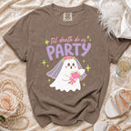 T-shirt with ghost bride, veil, bouquet, and text 'til death do us PARTY'.