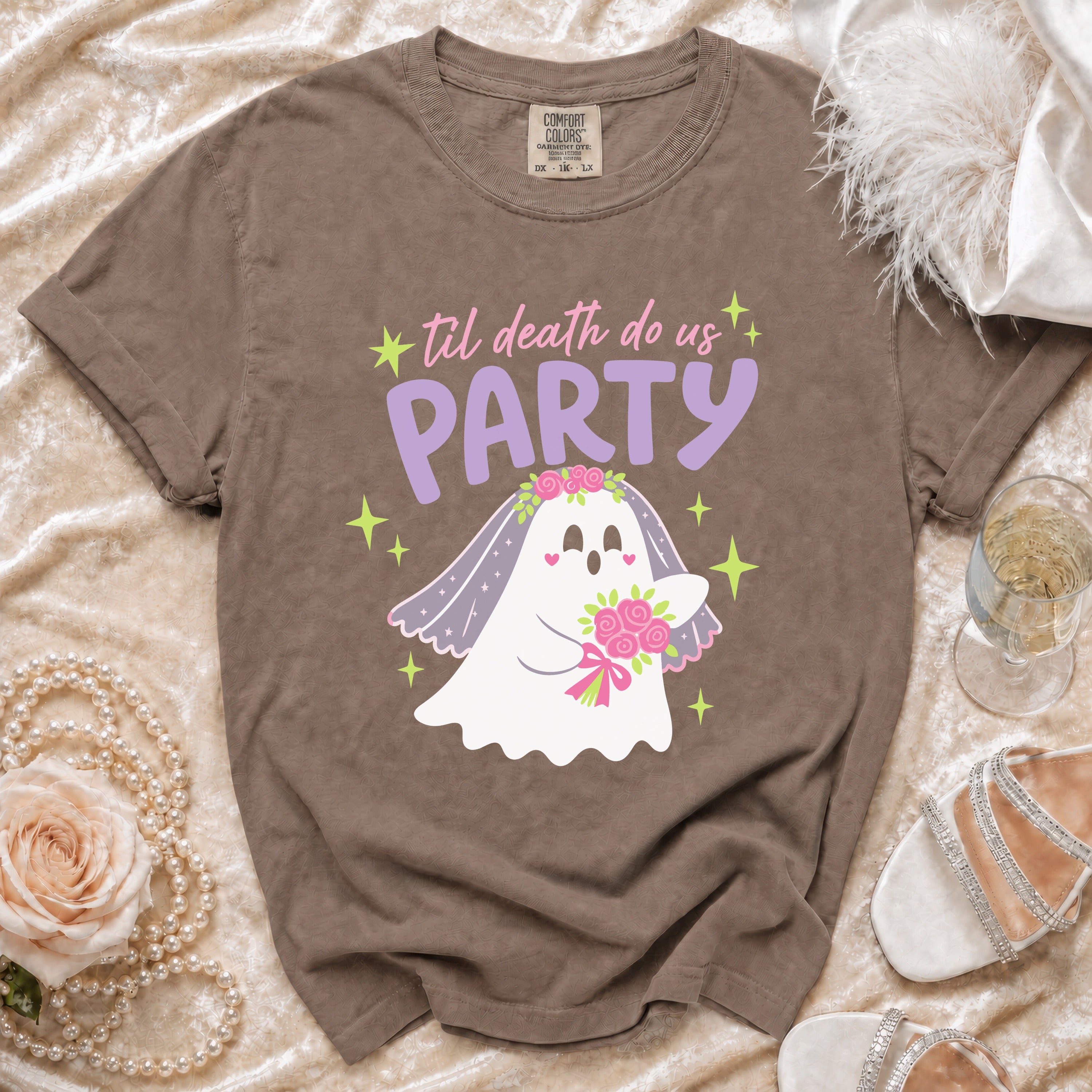 T-shirt with ghost bride, veil, bouquet, and text 'til death do us PARTY'.