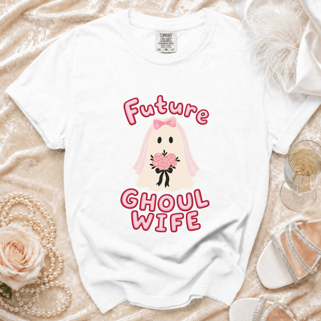 White t-shirt with cartoon ghost bride and text "Future Ghoul Wife".