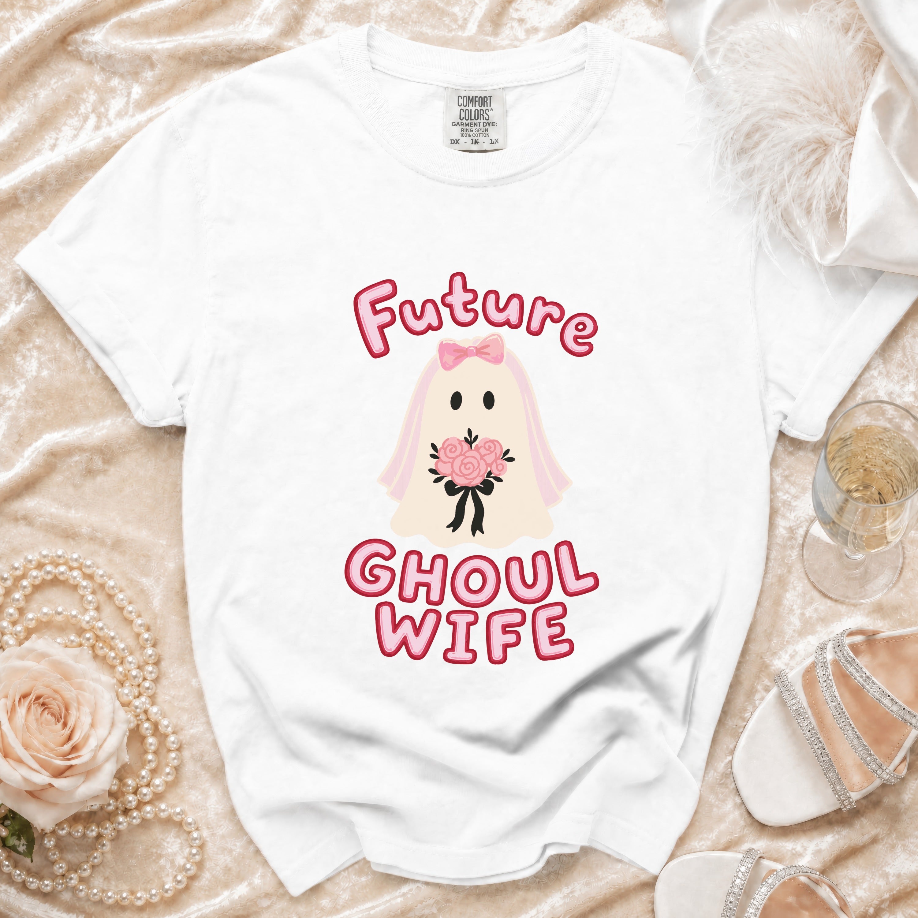 White t-shirt with cartoon ghost bride and text "Future Ghoul Wife".