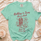 Mint green Comfort Colors t-shirt with "Reckless in Texas Olivia's Bach Austin, TX Summer 2026" text.
