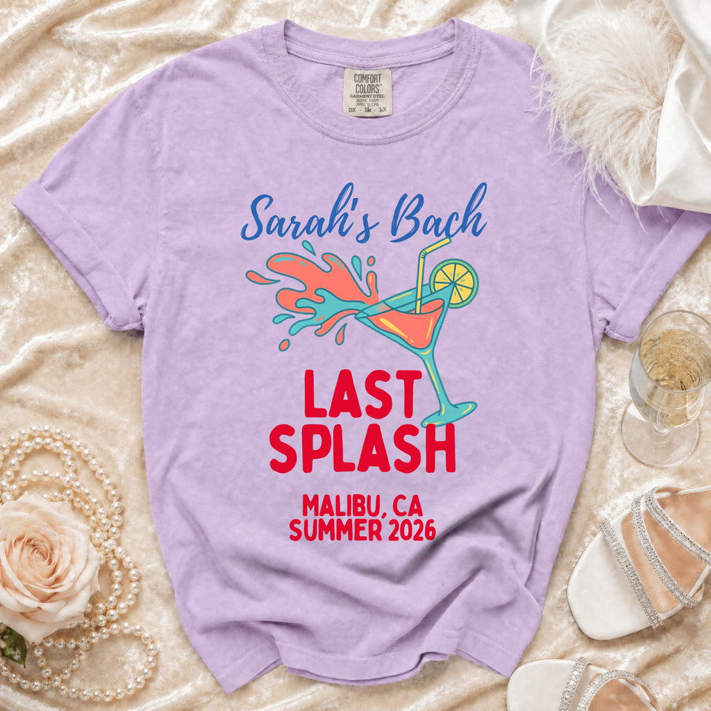 Lavender t-shirt with "Sarah's Bach LAST SPLASH MALIBU, CA SUMMER 2026" text.