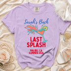 Lavender t-shirt with "Sarah's Bach LAST SPLASH MALIBU, CA SUMMER 2026" text.