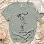 T-shirt with skeleton bride graphic reading "Till Death Do Us Party Bride's Last Boo Bash".