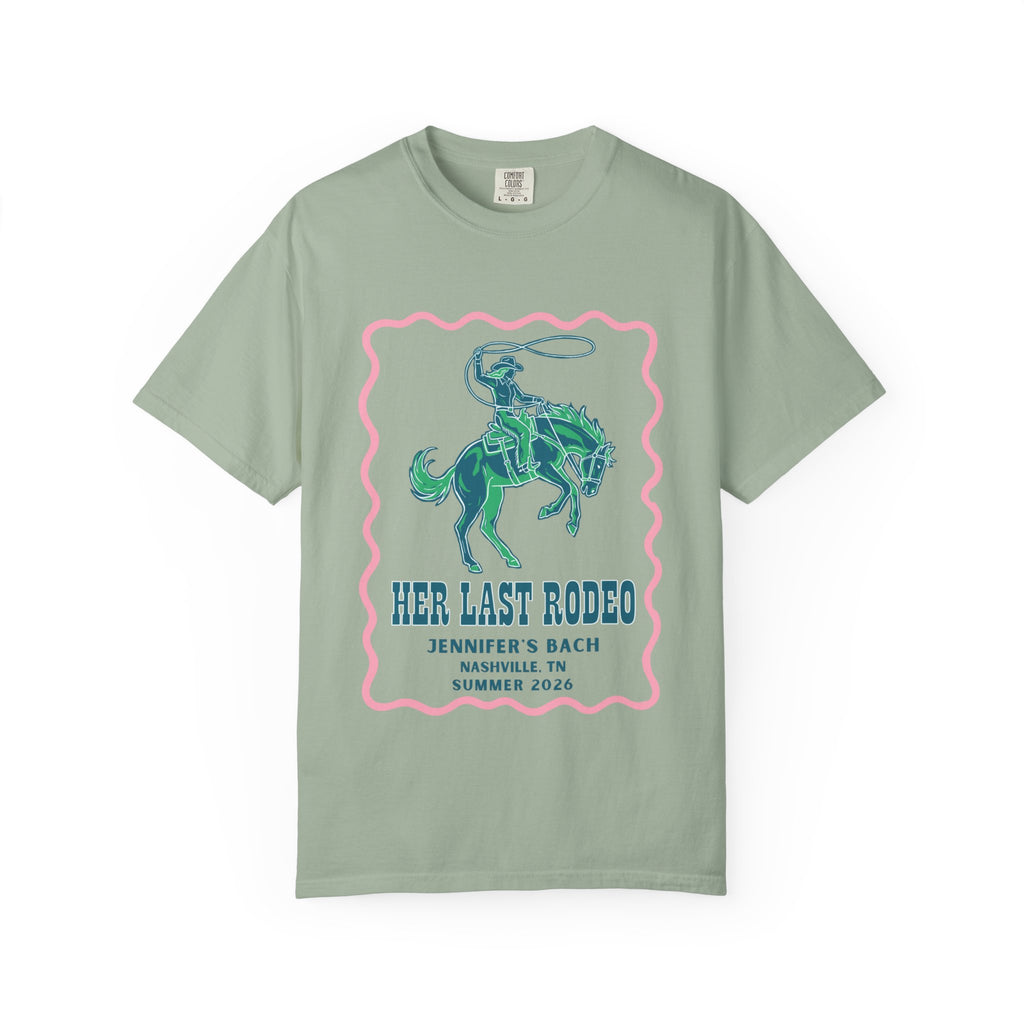 Green t-shirt with "Her Last Rodeo" bachelorette design.