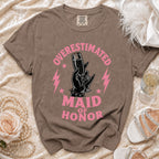 Brown t-shirt with "OVERESTIMATED MAID OF HONOR" graphic and champagne glass.