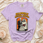 Purple t-shirt with skeletons in wedding attire, "Happily Never After" text, and "Til Death Do Us Part".