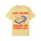 Yellow t-shirt with "Last Splash Sarah's Bach Malibu, CA Summer 2026" and inflatable.