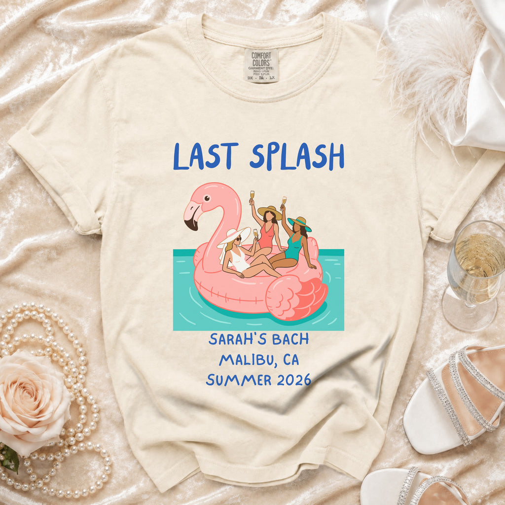 "Last Splash" shirt with flamingo float, Sarah's Bach, Malibu, CA, Summer 2026.