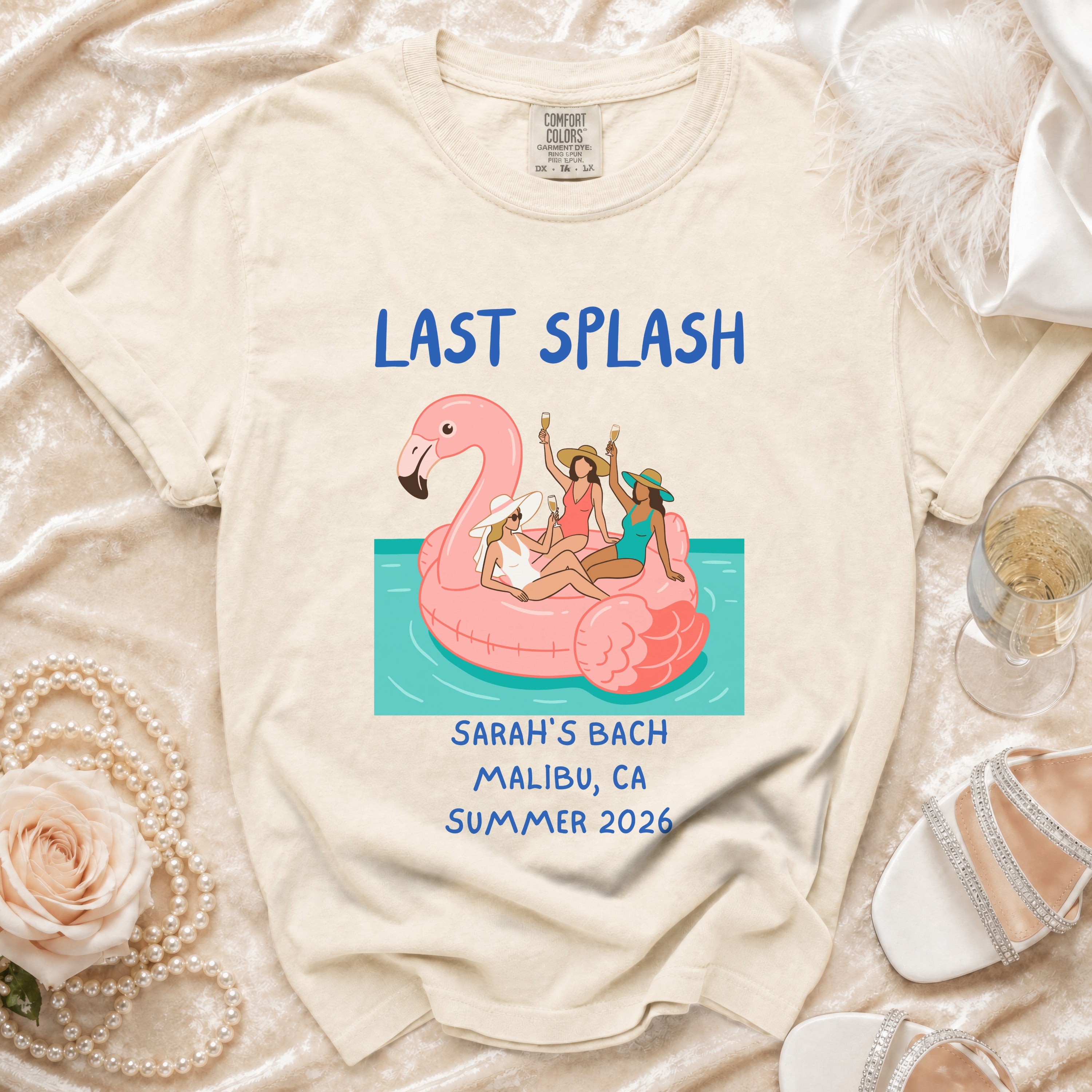 "Last Splash" shirt with flamingo float, Sarah's Bach, Malibu, CA, Summer 2026.