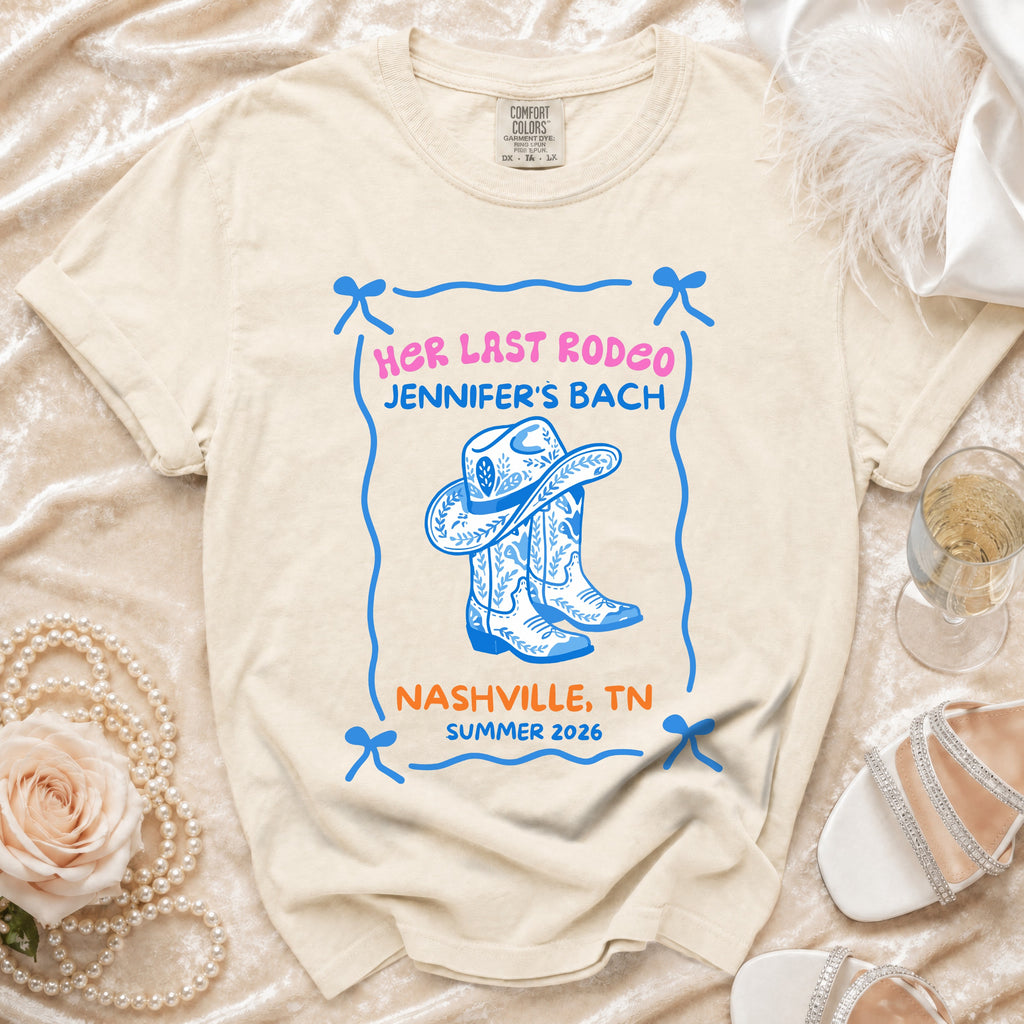 Bachelorette party t-shirt with cowboy boots and "Her Last Rodeo" text.