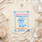 Bachelorette party t-shirt with cowboy boots and "Her Last Rodeo" text.