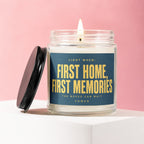 Glass candle with label "Light When: First Home, First Memories. The Boxes Can Wait."