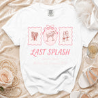 White t-shirt with "Last Splash Sarah's Bach Malibu, CA, Summer 2026" in pink.