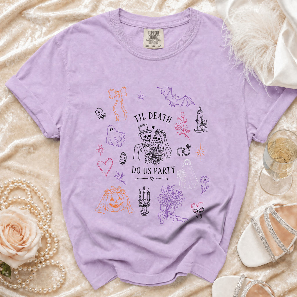 Purple Comfort Colors t-shirt with skeleton bride and groom graphic, "Til Death Do Us Party" text.
