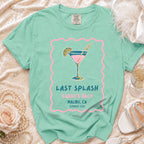 Mint green t-shirt with "Last Splash Sarah's Bach Malibu, CA Summer 2026" graphic.