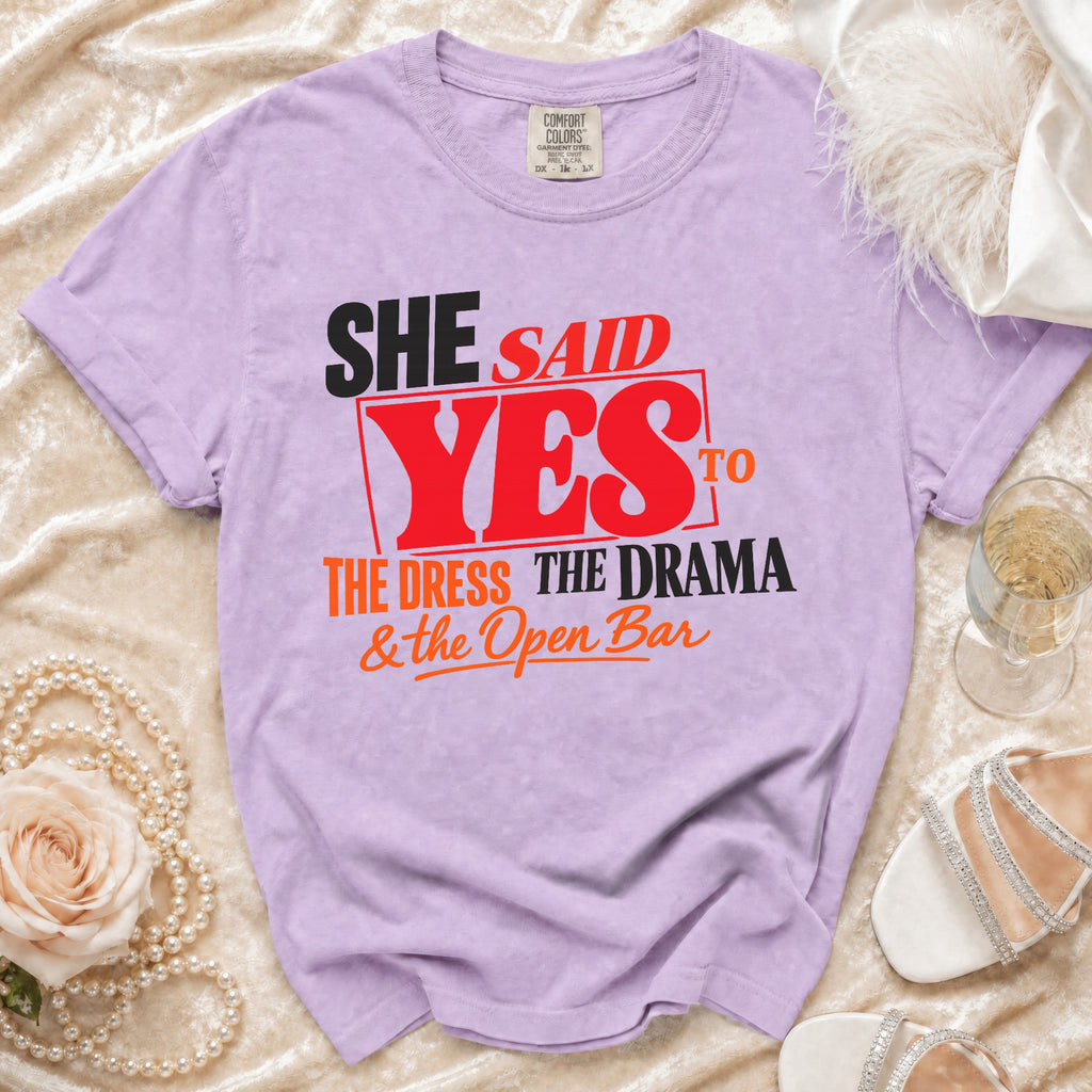 Purple t-shirt with "She Said Yes to the Dress, The Drama & the Open Bar" text.