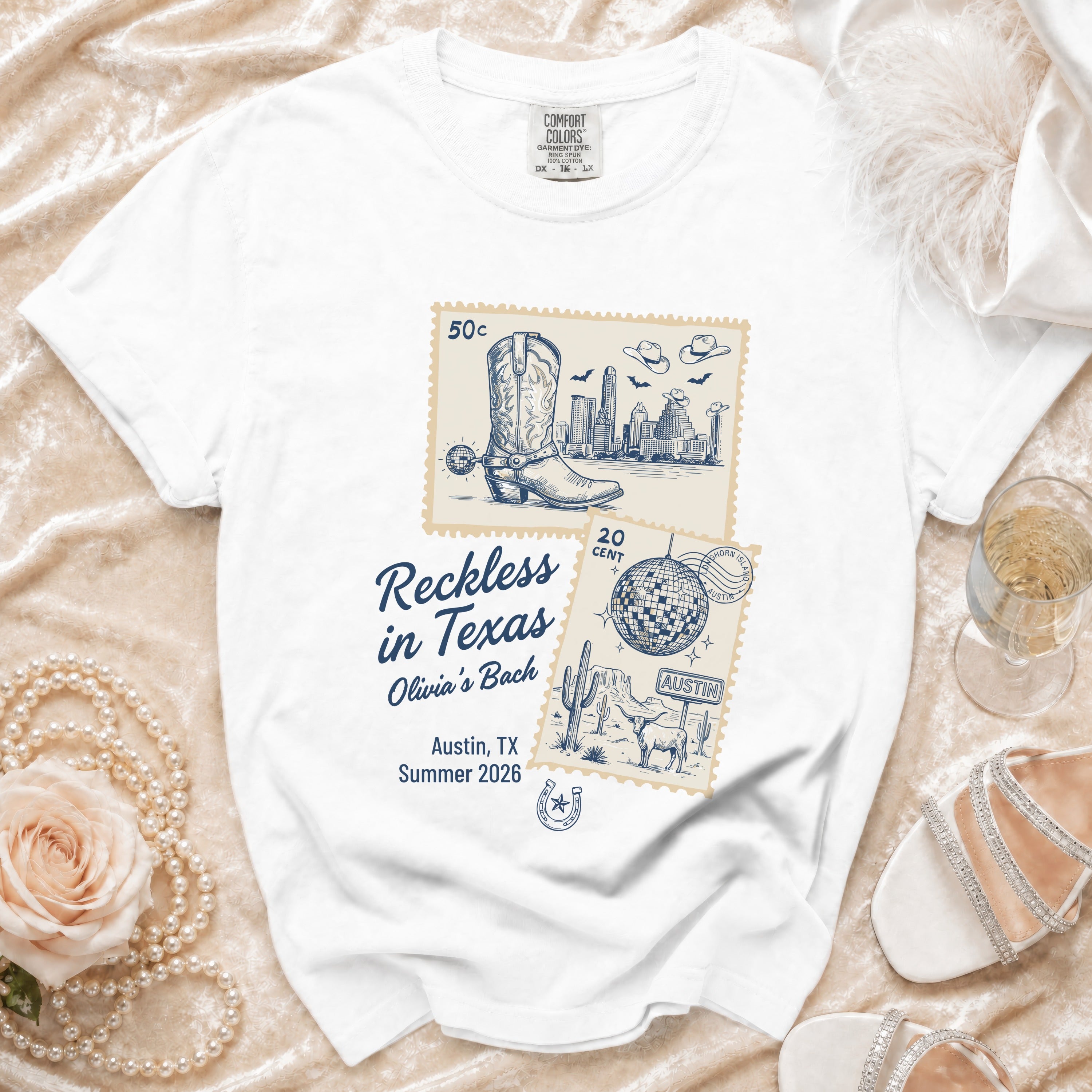 White t-shirt with "Reckless in Texas Olivia's Bach Austin, TX Summer 2026" text.
