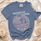 Mother of the Bride t-shirt with wine glass and ring graphic.