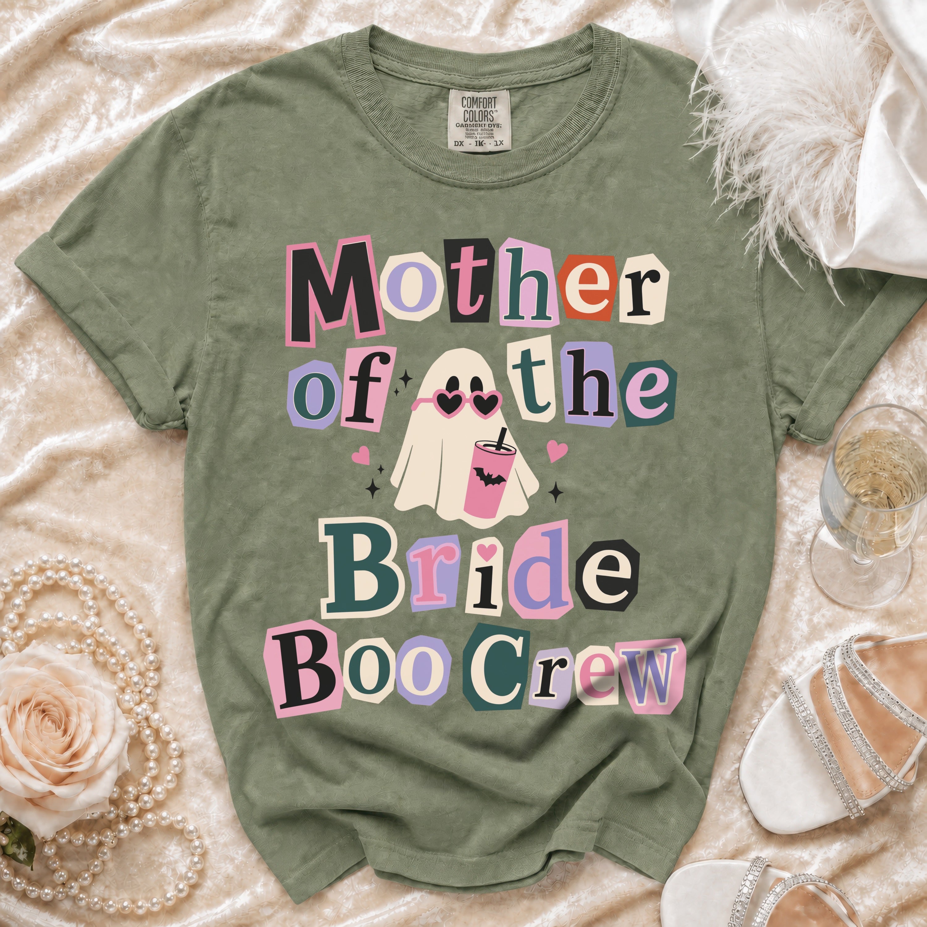 Olive green t-shirt with "Mother of the Bride Boo Crew" text and ghost graphic.