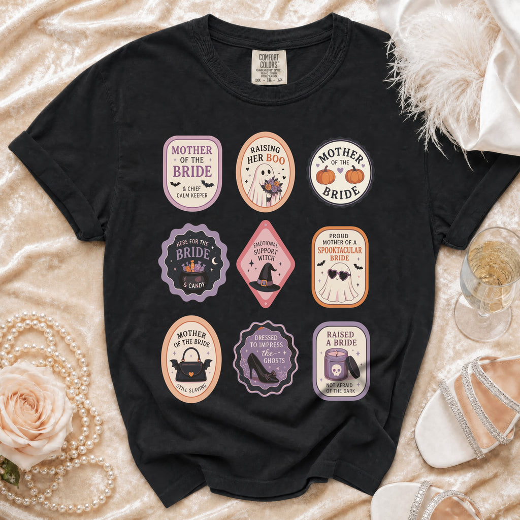 Black t-shirt with nine Halloween-themed oval designs for a bride's wedding party.