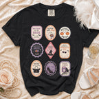 Black t-shirt with nine Halloween-themed oval designs for a bride's wedding party.