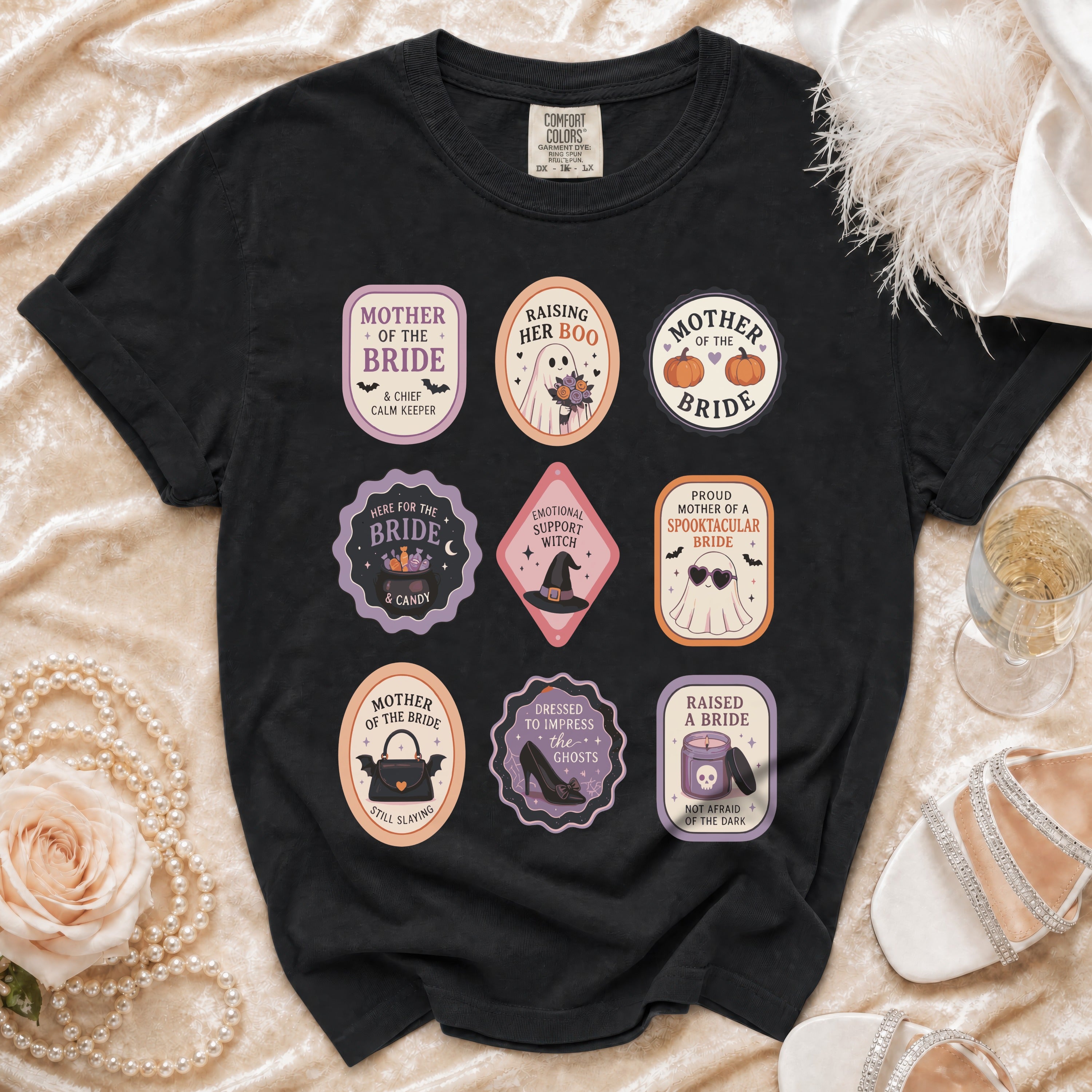 Black t-shirt with nine Halloween-themed oval designs for a bride's wedding party.