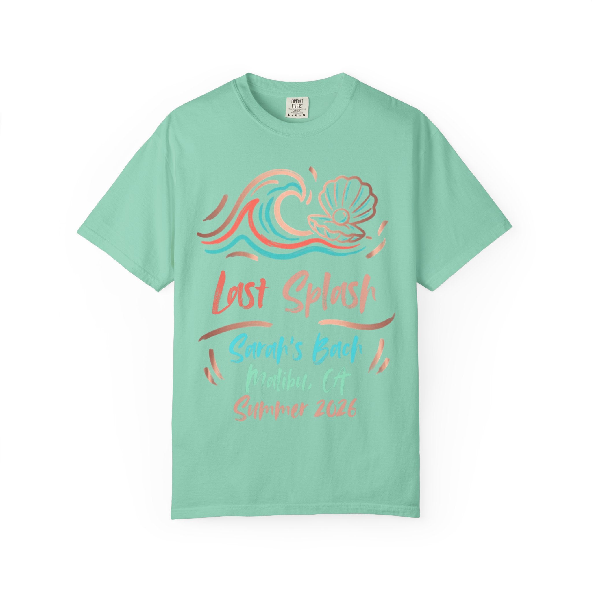 Mint t-shirt with "Last Splash Sarah's Bach Malibu, CA Summer 2024" text and wave graphics.