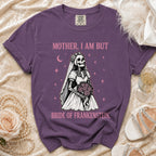 Purple t-shirt with skeleton bride graphic and "Mother, I Am But Bride of Frankenstein" text.