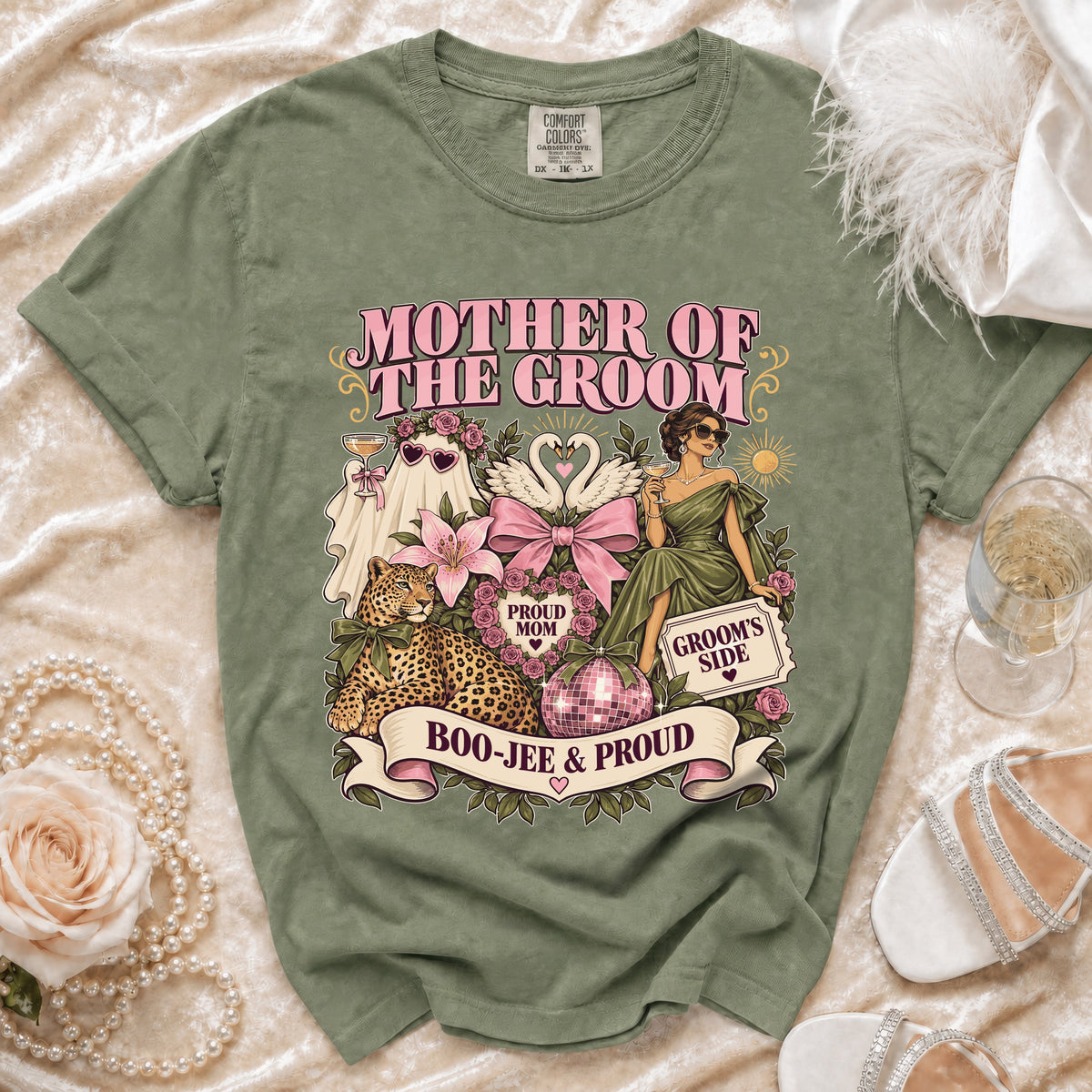 Mother of the Groom graphic t-shirt with leopard, swan, and disco ball.