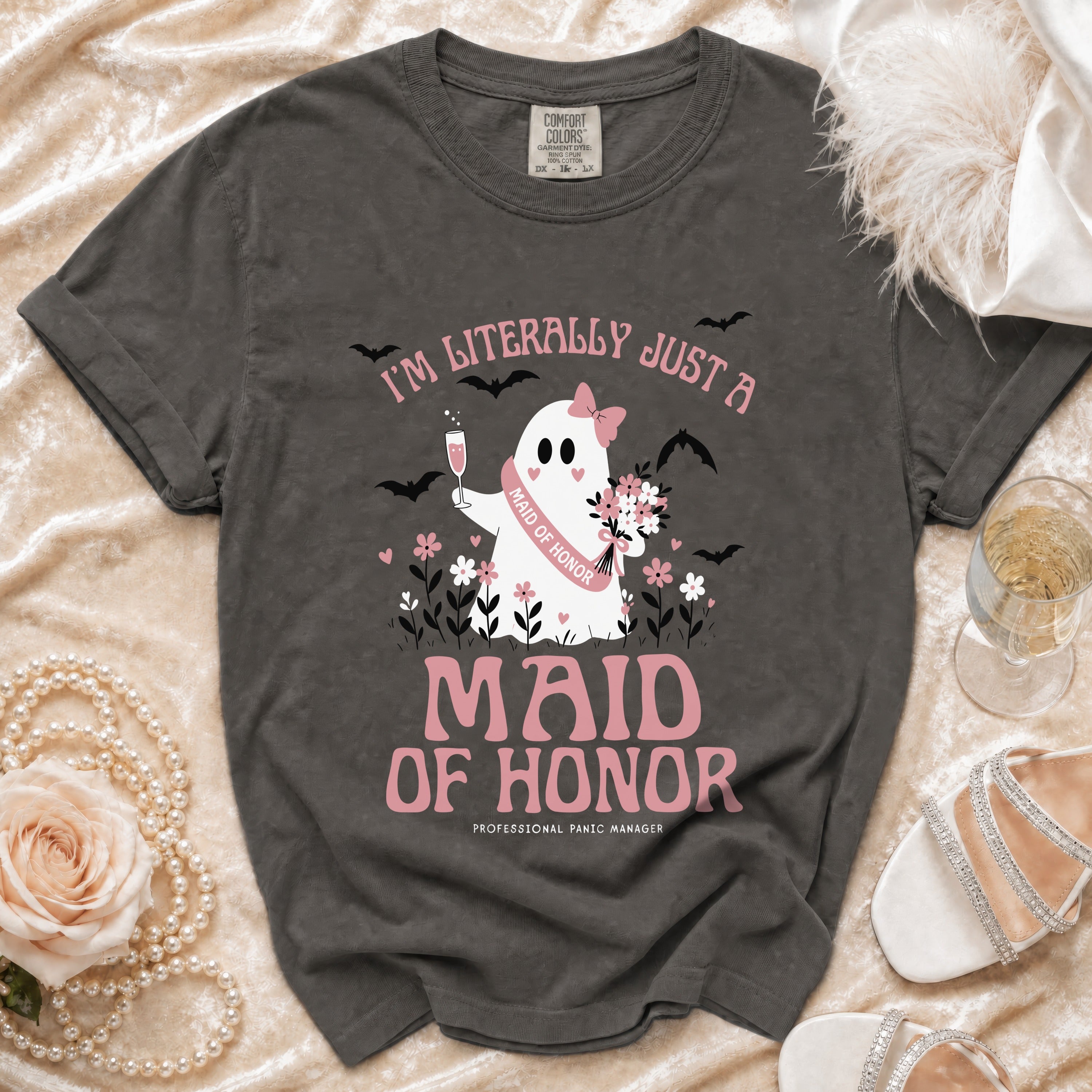 Dark grey t-shirt with "I'm literally just a Maid of Honor" ghost graphic.
