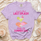 Purple t-shirt with "Sarah's Bach LAST SPLASH Malibu, CA SUMMER 2026" text and graphics.