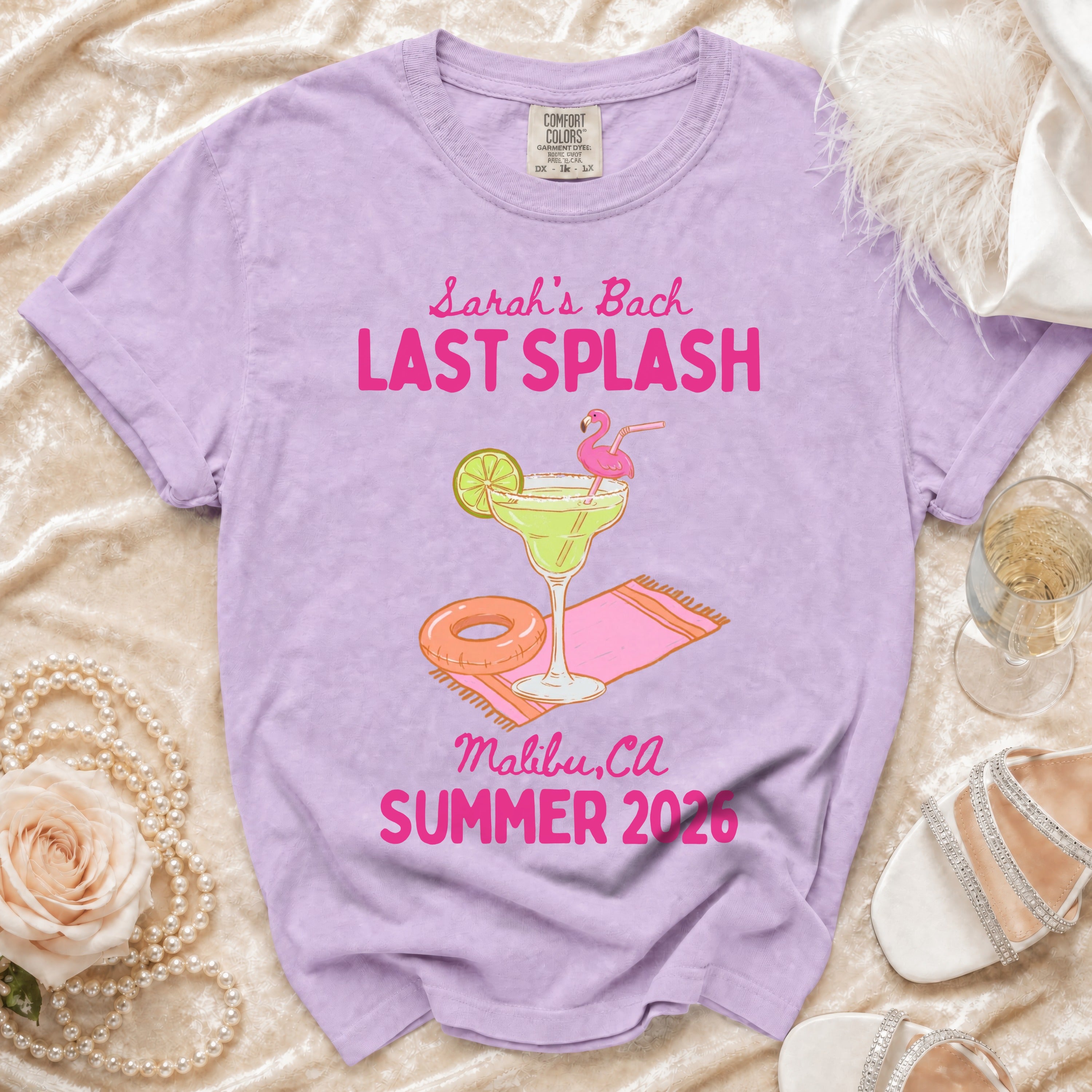 Purple t-shirt with "Sarah's Bach LAST SPLASH Malibu, CA SUMMER 2026" text and graphics.
