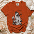 Orange t-shirt with "This Bride Bites" text and gothic bride graphic.