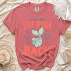 Coral t-shirt with "Sarah's Bach Last Splash Malibu CA Summer 2026 Bach" text and mermaid tail graphic.