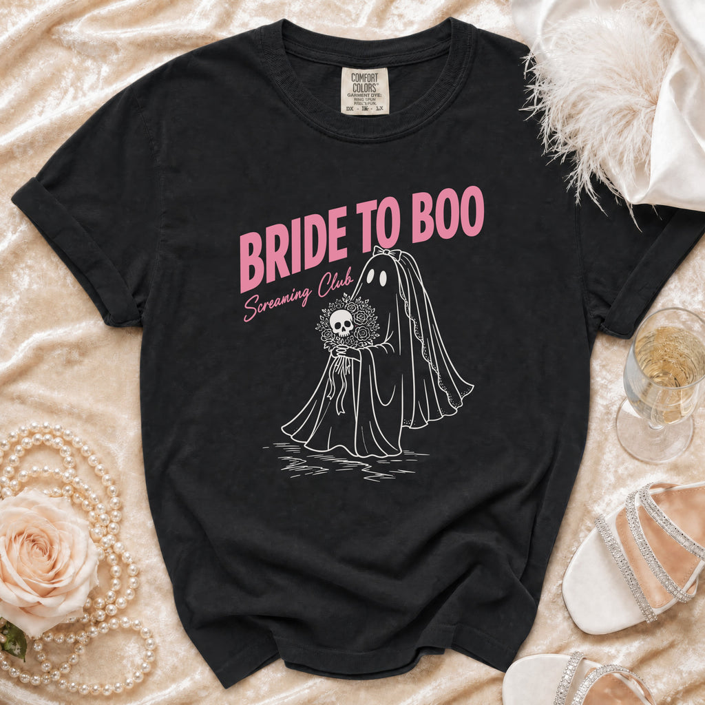 Black t-shirt with "Bride to Boo Screaming Club" text and ghost bride graphic.