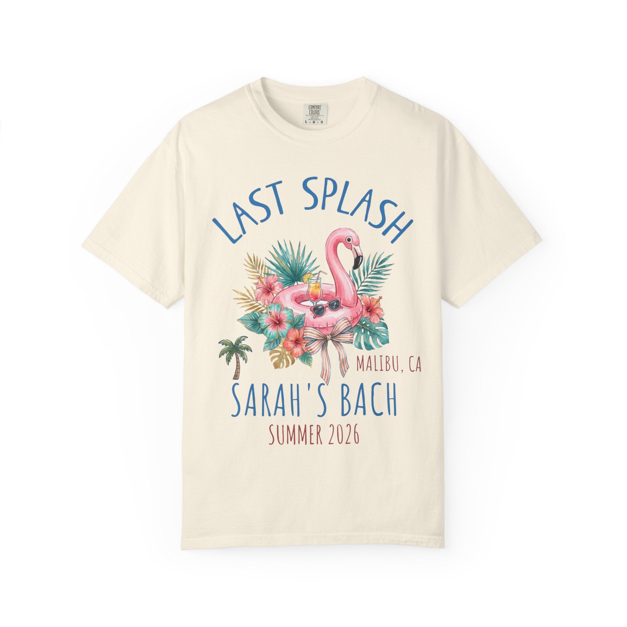 Cream t-shirt with "Last Splash" text, flamingo, and palm trees.