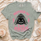 Green t-shirt with "Mother of the Bride 'Til Death Do Us Party" and pumpkin bride graphic.