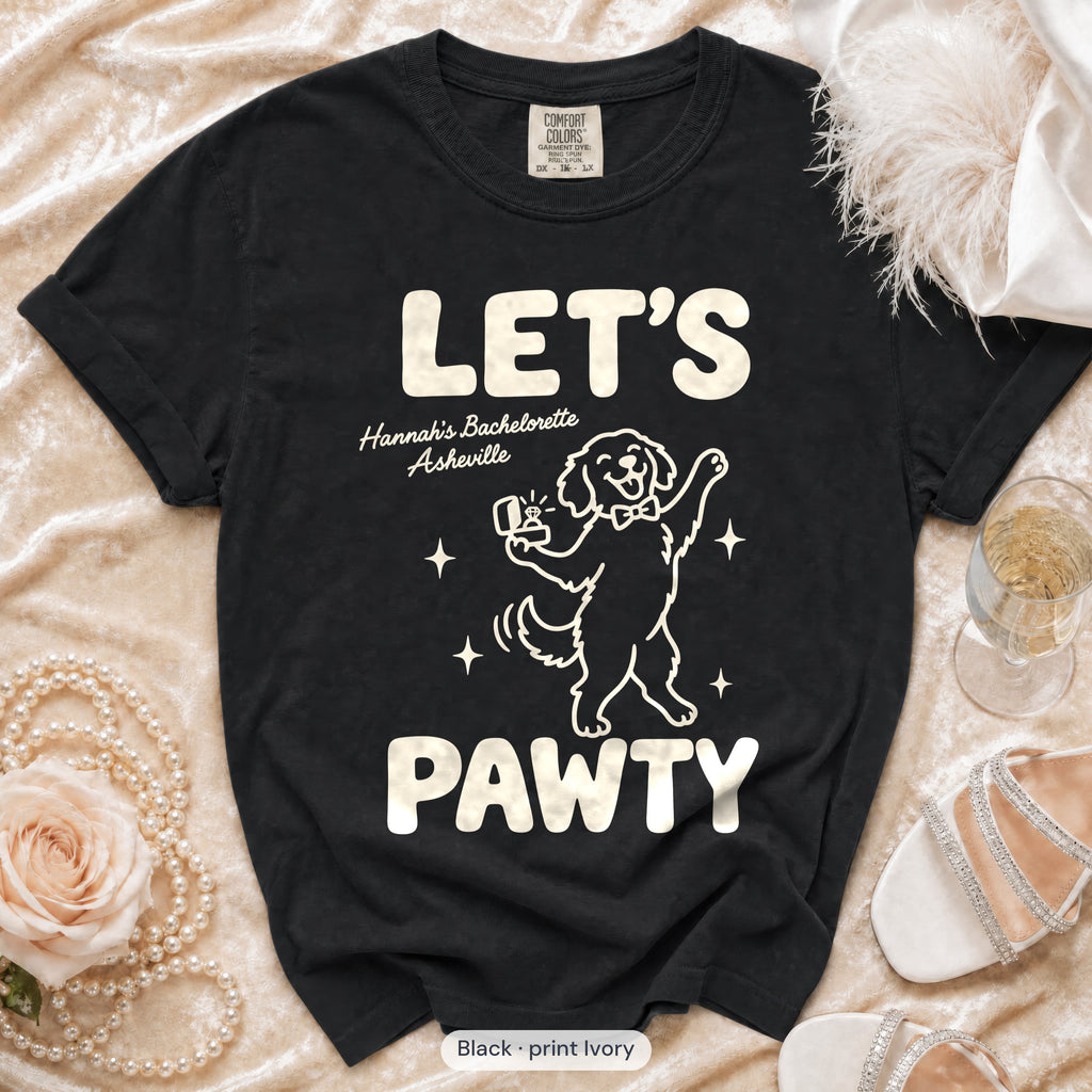 Black The Bride & Let's Pawty Dog bachelorette crew t-shirt