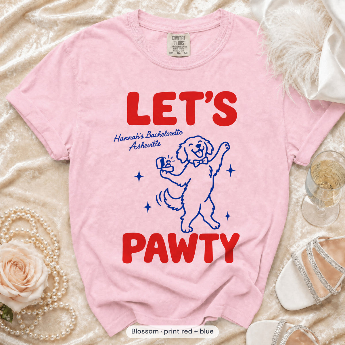 Blossom The Bride & Let's Pawty Dog bachelorette crew t-shirt