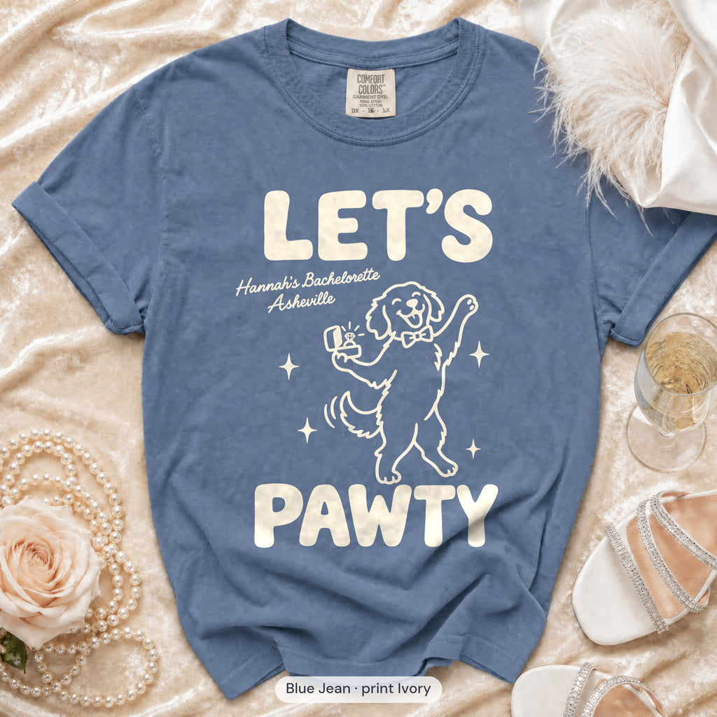 Blue Jean The Bride & Let's Pawty Dog bachelorette crew t-shirt