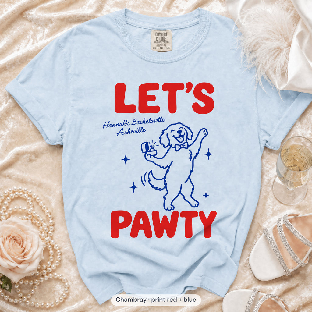 Chambray The Bride & Let's Pawty Dog bachelorette crew t-shirt