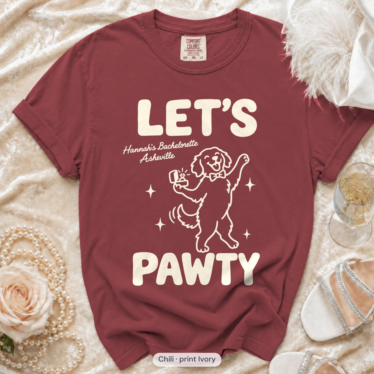 Chili The Bride & Let's Pawty Dog bachelorette crew t-shirt