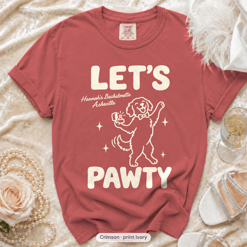 Crimson The Bride & Let's Pawty Dog bachelorette crew t-shirt